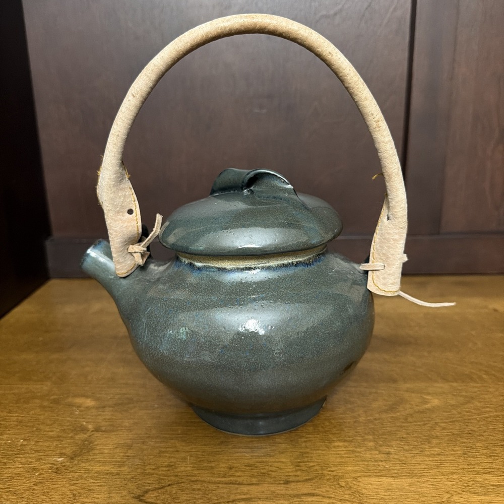 Studio Pottery Stoneware Teapot Glaze Blue Green Leather Handle Vintage
